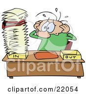 Poster, Art Print Of Stressed Out Caucasian Employee Man Eyeing A Giant Stack Of Paperwork On His Desk