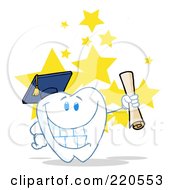Poster, Art Print Of Tooth Character Grad Holding A Diploma Over Stars