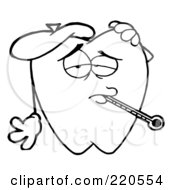 Royalty Free RF Clipart Illustration Of An Outlined Tooth Character With An Ice Pack And Thermometer In His Mouth