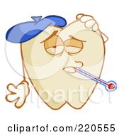 Poster, Art Print Of Tooth Character With An Ice Pack And Thermometer In His Mouth