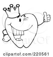 Royalty Free RF Clipart Illustration Of A Coloring Page Outline Of A Tooth Character Wearing A Crown And Giving The Thumbs Up