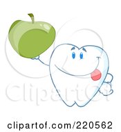 Tooth Character Smiling And Holding Up A Green Apple