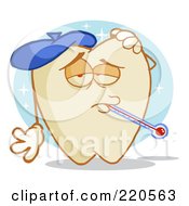 Royalty Free RF Clipart Illustration Of A Sick Tooth Character With An Ice Pack And Thermometer In His Mouth