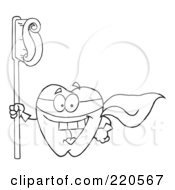 Royalty Free RF Clipart Illustration Of An Outlined Tooth Character Super Hero With A Tooth Brush And Paste