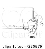 Royalty Free RF Clipart Illustration Of An Outlined Middle Aged Female Professor Pointing To A Chalk Board