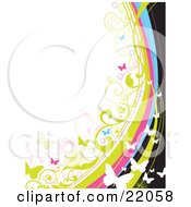 Web Site Background Of White Green Pink And Blue Butterflies Fluttering Over Black Blue Pink And Green Vines And Stripes On White
