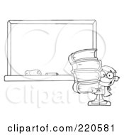 Royalty Free RF Clipart Illustration Of An Outlined School Boy Carrying Books By A Blank Chalk Board