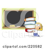 Poster, Art Print Of Blond School Girl Carrying Books By A Blank Chalk Board