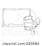 Royalty Free RF Clipart Illustration Of An Outlined School Girl Carrying Books By A Blank Chalk Board