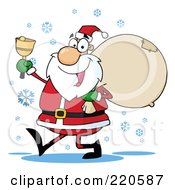 Poster, Art Print Of Jolly Santa Holding A Sack Over His Shoulder Walking In The Snow And Ringing A Bell