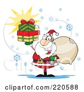 Royalty Free RF Clipart Illustration Of A Jolly Santa Holding A Sack Over His Shoulder And Presents Up In His Hand
