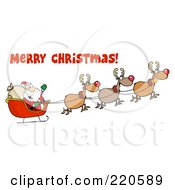 Poster, Art Print Of Merry Christmas Greeting Over A Team Of Reindeer And Santa In His Sleigh Flying