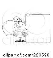 Royalty Free RF Clipart Illustration Of An Outlined Jolly Santa Holding A Sack Over His Shoulder And Holding Up A Blank Sign Board