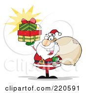 Poster, Art Print Of Jolly Santa Holding A Bag Over His Shoulder And Gifts Up In His Hand