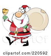Poster, Art Print Of Jolly Santa Holding A Sack Over His Shoulder Walking And Ringing A Bell