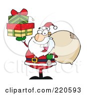 Poster, Art Print Of Jolly Santa Holding A Sack Over His Shoulder And Gifts Up In His Hand