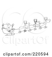Poster, Art Print Of Outlined Team Of Reindeer And Santa In His Sleigh Flying