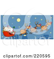 Poster, Art Print Of Team Of Reindeer And Santa In His Sleigh Flying Above A City