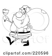 Poster, Art Print Of Outlined Jolly Santa Holding A Sack Over His Shoulder Walking And Ringing A Bell