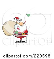 Poster, Art Print Of Jolly Santa Holding A Sack Over His Shoulder And Holding Up A Blank Sign Board