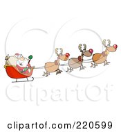 Poster, Art Print Of Team Of Reindeer And Santa In His Sleigh Flying