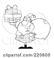 Royalty Free RF Clipart Illustration Of An Outlined Jolly Santa Holding A Sack Over His Shoulder And Gifts Up In His Hand