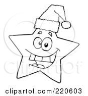 Outlined Happy Christmas Star Wearing A Santa Hat