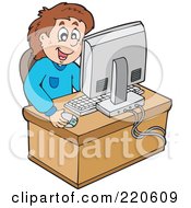Poster, Art Print Of Happy Brunette Boy Using A Desktop Computer To Surf The Web