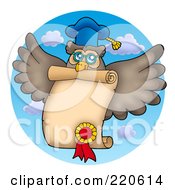 Royalty Free RF Clipart Illustration Of A Professor Owl Flying A Blank Scroll In The Sky