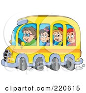 Poster, Art Print Of Group Of Happy School Children And Driver On A Bus