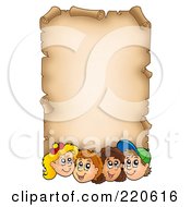 Royalty Free RF Clipart Illustration Of An Aged Parchment Page With Curling Edges And School Children
