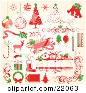 Collection Of Red And Green Christmas Icons Of Ornaments Snowflakes Decorated Trees Bells Bows Flourishes Holly Candycanes Reindeer Tags Balloons Candles Gifts Stockings And Wreaths