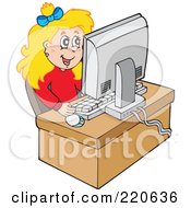 Poster, Art Print Of Happy Blond Girl Using A Desktop Computer To Surf The Web