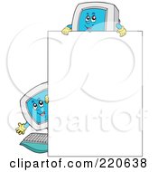 Royalty Free RF Clipart Illustration Of Two Computer Characters Looking Over And Around A Blank Sign by visekart