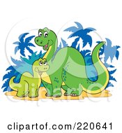 Poster, Art Print Of Baby And Mother Dinosaur Near Palm Trees