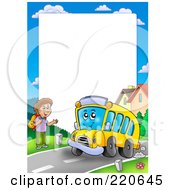 Poster, Art Print Of Frame Of A Happy School Bus Stopping To Pick Up A Boy Around White Space