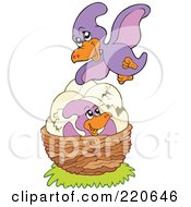 Poster, Art Print Of Cute Purple Pterodactyl Flying Over Her Eggs And Baby In A Nest