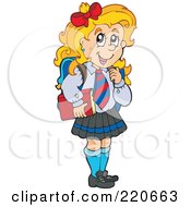 Poster, Art Print Of Brunette Scool Girl Smiling And Carrying A Book