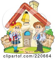 School Boy And Girl Standing In Front Of A School House With A Ringing Bell