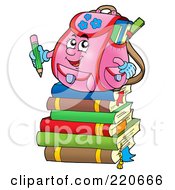 Royalty Free RF Clipart Illustration Of A Pink Backpack Character On A Stack Of Books
