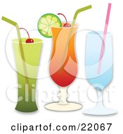 Poster, Art Print Of Three Different Cocktail Beverages With Alcohol Cherries Straws And Lime Over A White Background