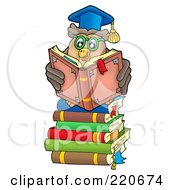 Royalty Free RF Clipart Illustration Of An Owl Professor Reading A Book On A Stack Of Books
