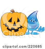 Poster, Art Print Of Blue Water Droplet Character With A Halloween Pumpkin