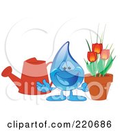 Blue Water Droplet Character With A Watering Can And Tulips