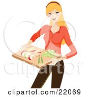 Healthy Young Blond Caucasian Woman Holding A Tray Of Sliced Apples Celery Cheese And Grapes