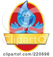 Royalty Free RF Clipart Illustration Of A Blue Water Droplet Character Logo With A Red Oval And A Blank Gold Banner