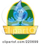 Poster, Art Print Of Blue Water Droplet Character Logo With A Green Oval And A Blank Gold Banner