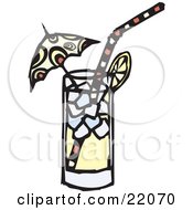 Straw And Umbrella In An Icy Glass Of Lemonade Or A Cocktail With A Slice Of Lemon