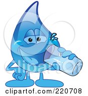 Royalty Free RF Clipart Illustration Of A Blue Water Droplet Character Drinking A Glass Of Water by Toons4Biz
