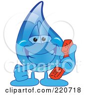 Royalty Free RF Clipart Illustration Of A Blue Water Droplet Character Holding A Phone by Mascot Junction